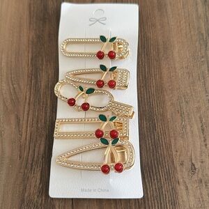 Gold Hair Clips with Red and Green Cherry Accents